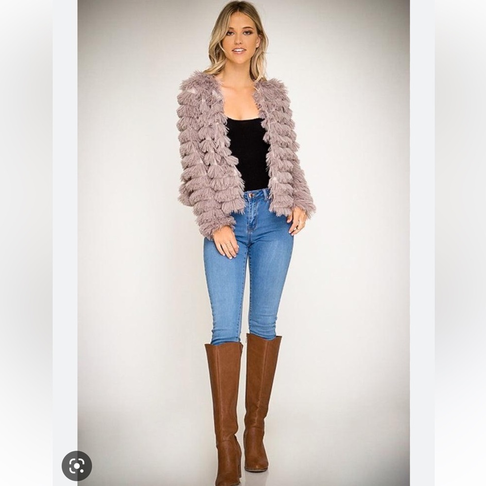 She + Sky Mocha Faux Fur Layered Hippie Shag Open Front Coat‎ Size L (891)